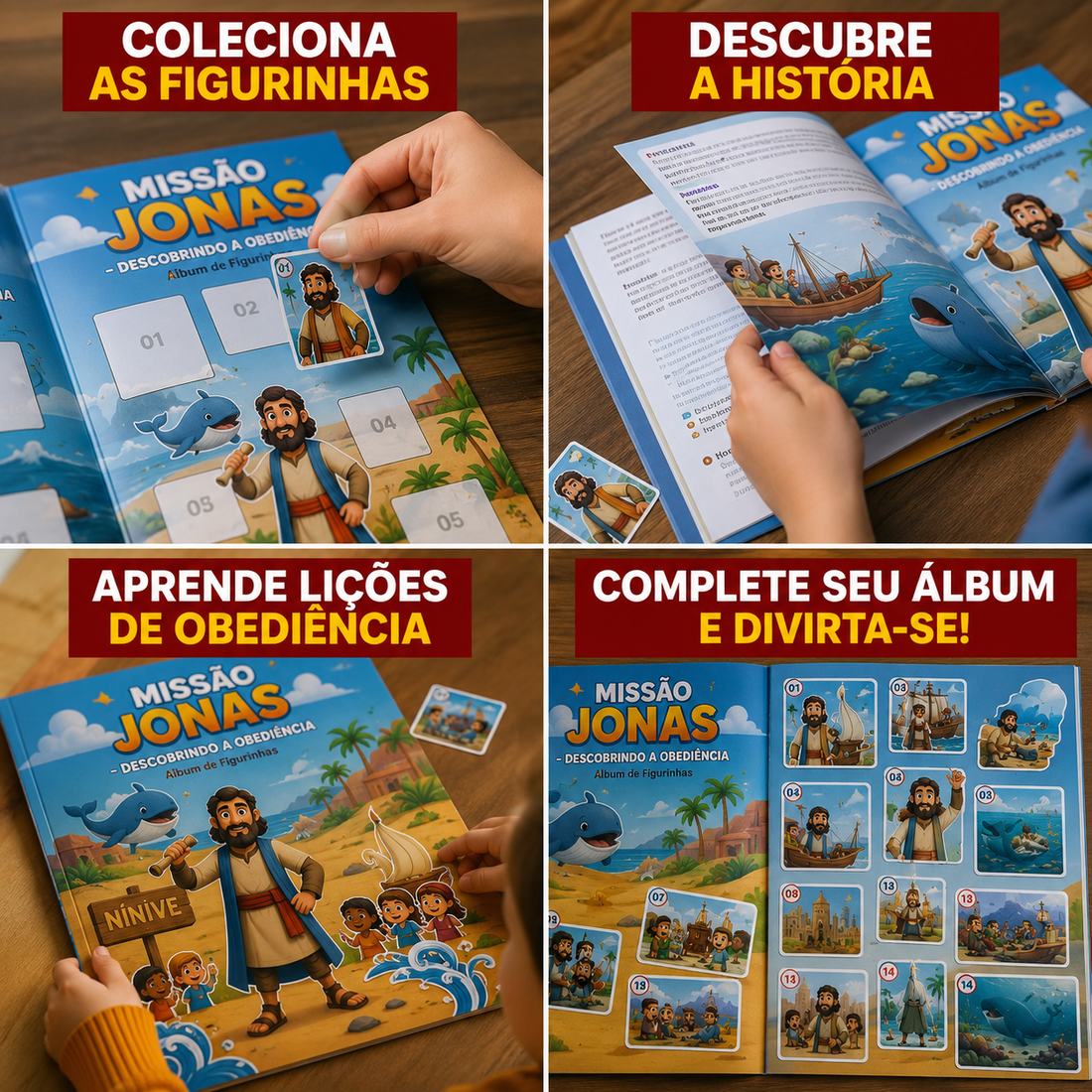 Crianças completando e lendo o álbum Missão Jonas