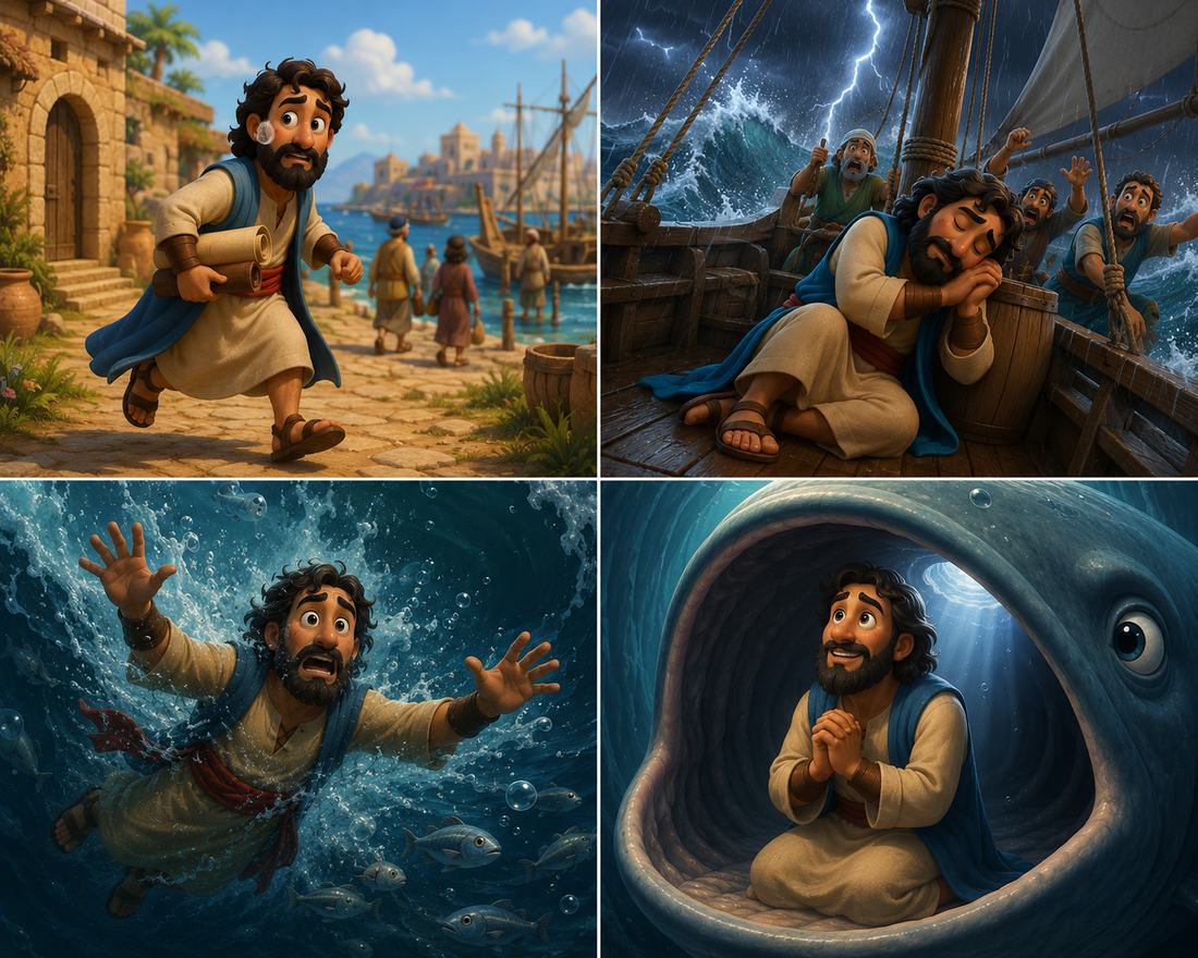 Cenas ilustradas da história de Jonas