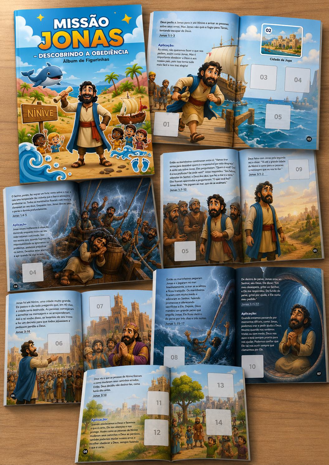 Páginas do álbum Missão Jonas com várias cenas e figurinhas